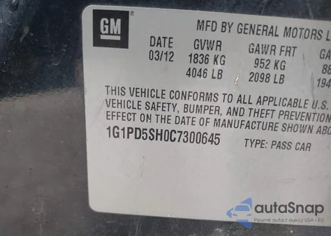 2012 Chevrolet Cruze Ls z USA, uszkodzony, nr VIN 1G1PD5SH0C7300645